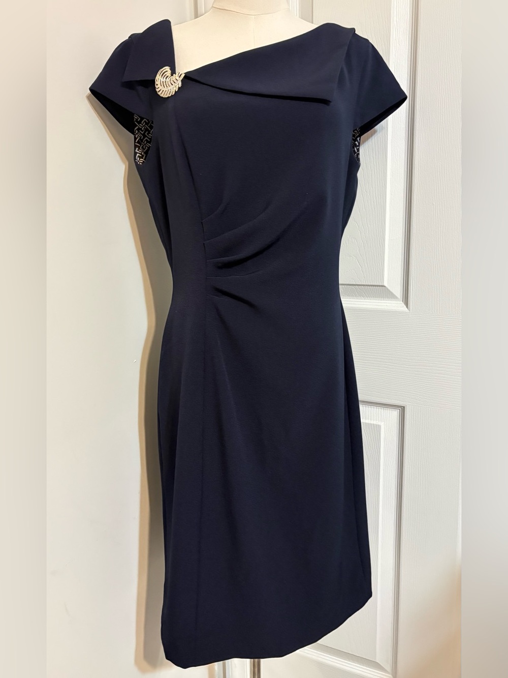 Tahari Navy Sheath Dress with Decorative Brooch Accent